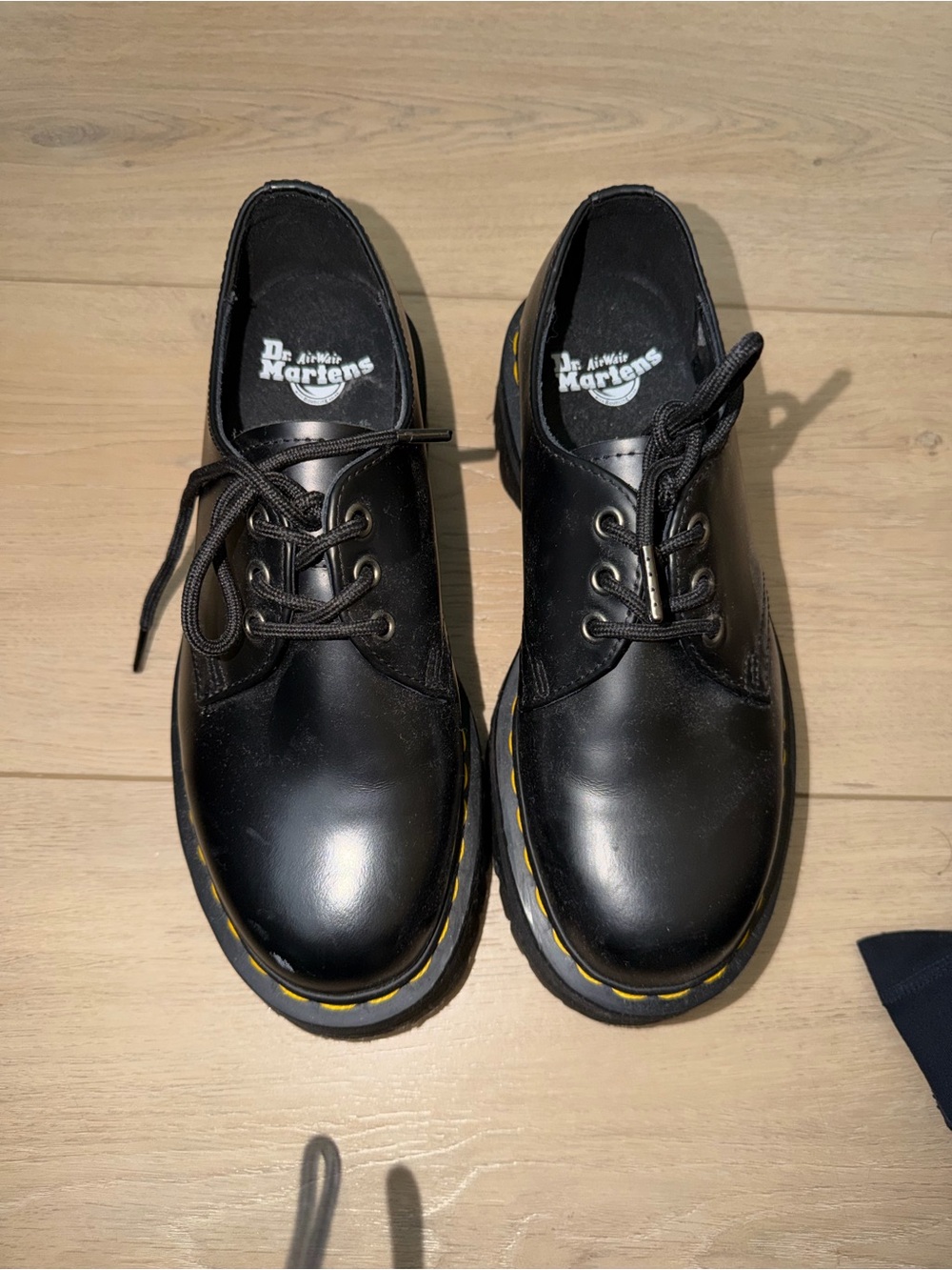 Dr. Martens Black 3-Eye Derby Shoes with Yellow Stitching